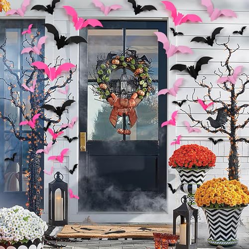 Pink & Black 72 Pcs 3D Bat Wall Decor Stickers Halloween Decorations