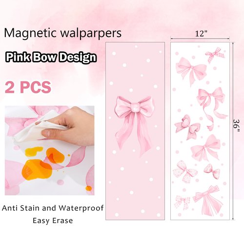 Janlaugh 2 Pack 36 x 12 Magnetic Locker Wallpaper Pink Bow Design Removable Reusable Magnetic Wall Cover Sheet for School Lockers Fridge Metal Door Girls Back to School Decorations Office Supplies