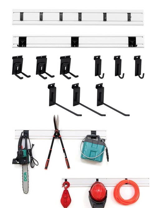 Slat Wall Paneling Garage Tool Organizer Wall Mount 4 Pack with Adjustable Metal Hooks 9 Pack, Garage Slat Wall Storage Systems Garage Storage & Organization Products, White Slatwall Total 96 inch