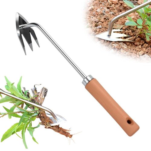 KEAOZA Manual Weed Remover Tool for Lawn and Garden, 3 Tooth Weeding Artifact Uprooting Weeding Tool with Handle, Artifact Steel Weed Pulling Tool for Gardening Backyard Farm (1pc b)