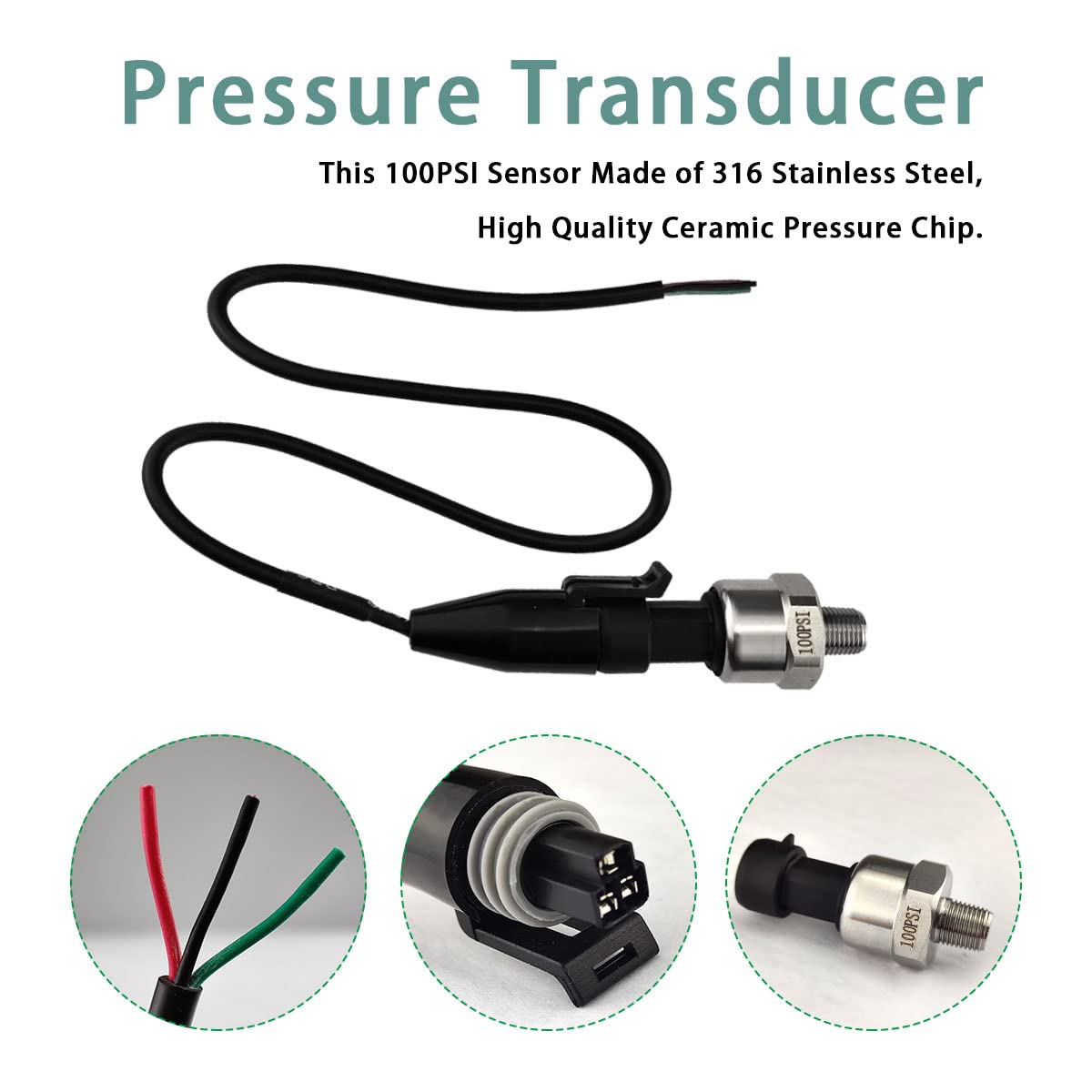 Pressure Transducer Sender Sensor with Connector, 1/8"NPT Thread Stainless Steel Fuel Pressure Sensor for Oil Fuel Air Water (100PSI)