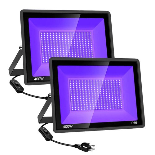 KOLTIME 2 Pack 400W LED Black Lights, Outdoor 395nm Black Flood Light with Plug and Switch, IP66 Waterproof Blacklight Spotlight UV Neon Glow Floodlight for Glow Party, Halloween, Body Paint