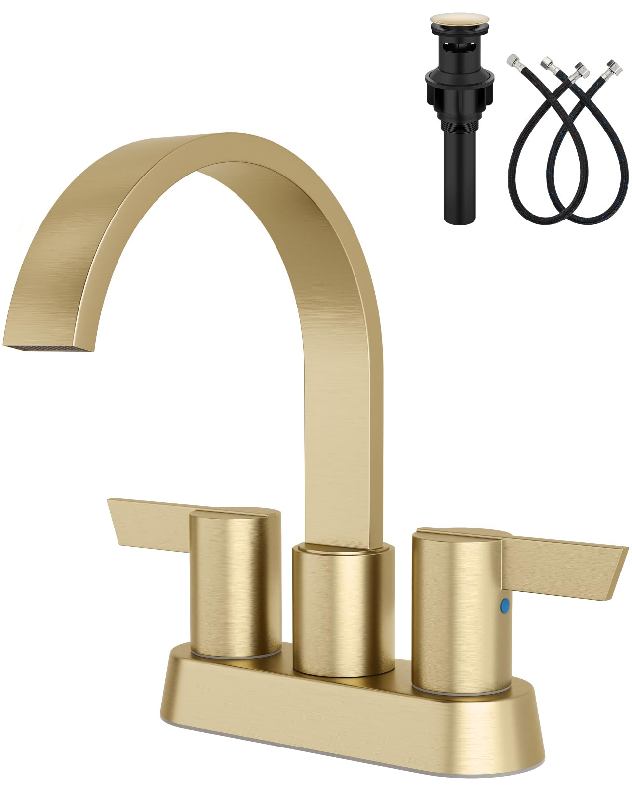 Aolemi Bathroom Sink Faucet, 4 Inch Centerset Waterfall Faucet for 2 or 3 Hole Vanity Sink, 2 Handle Vanity Faucet with Pop Up Drain and Supply Lines, Brushed Gold