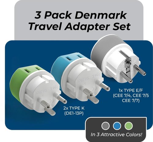 OREI Denmark Power Plug Adapter with 2 USA Inputs - Travel 3 Pack - 1 Type K & 2 Type E/F Safe Grounded Use with Cell Phones, Laptop, Camera Chargers, CPAP, and More