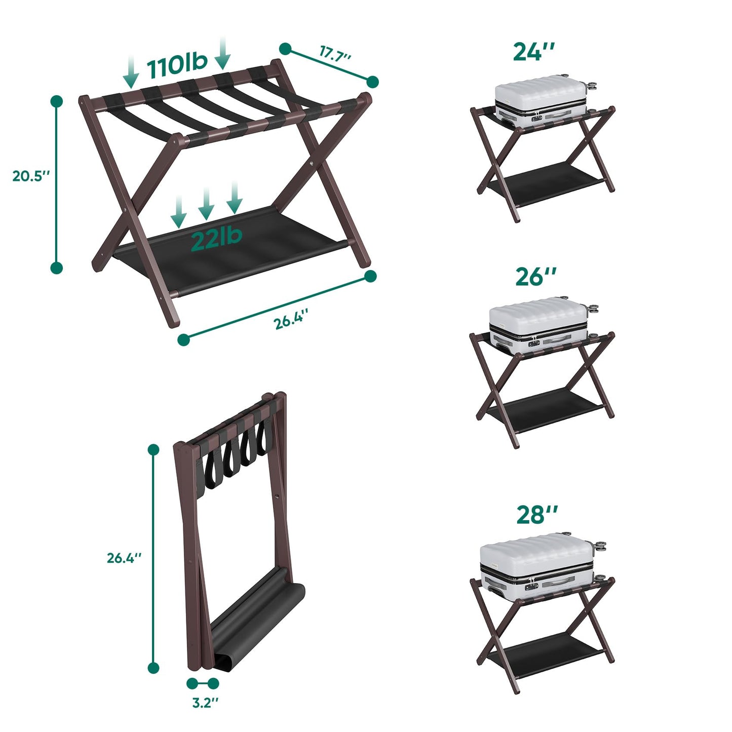 Smuxee Brown Bamboo Luggage Rack for Guest Room, Foldable Suitcase Stand with Storage Shelf, Easily Assembled Luggage Stand with 5 Nylon Straps for Guest Room Bedroom Hotel