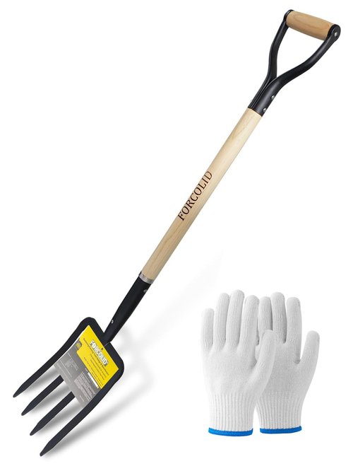 FORCOLID Garden Fork, 4-Tine Spading Digging Fork, Pitch Fork-45Inch, Forged Steel Y-Grip, Wood Handel