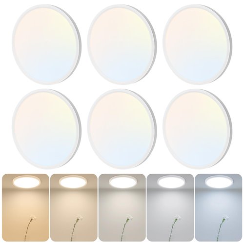 YELIOLED 6 Pack 12 Inch Dimmable LED Flush Mount Ceiling Light, 24W 2640LM 5 CCT Selectable (2700K-6500K), Ultra-Thin Round Flat Light Fixture for Bedroom Kitchen livingroom Hallway, White