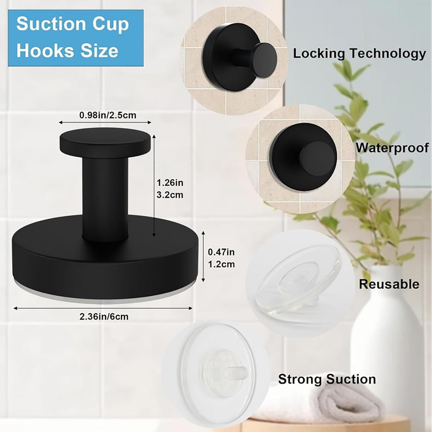 BBLING Suction Cup Hooks, Heavy Duty Damage-Free Towel Hooks for Bathroom, Kitchen, Shower, Glass, Mirrors, Tiles (Black, 4pcs)