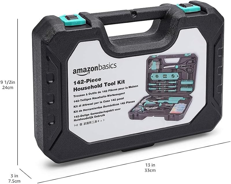 Amazon Basics 142-Piece Household Tool Kit with Storage Case - Turquoise, 13.39 x 9.25 x 2.95 inches