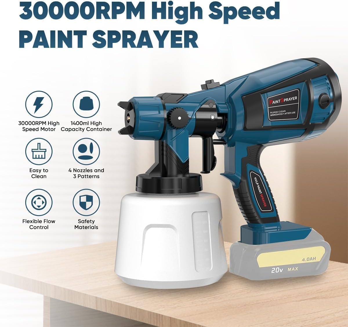 Cordless Paint Sprayer for Dewalt 20V MAX Battery Electric Spray Paint Gun with High Capacity Container Easy to Clean for House Painting Blue(Not Include Battery)