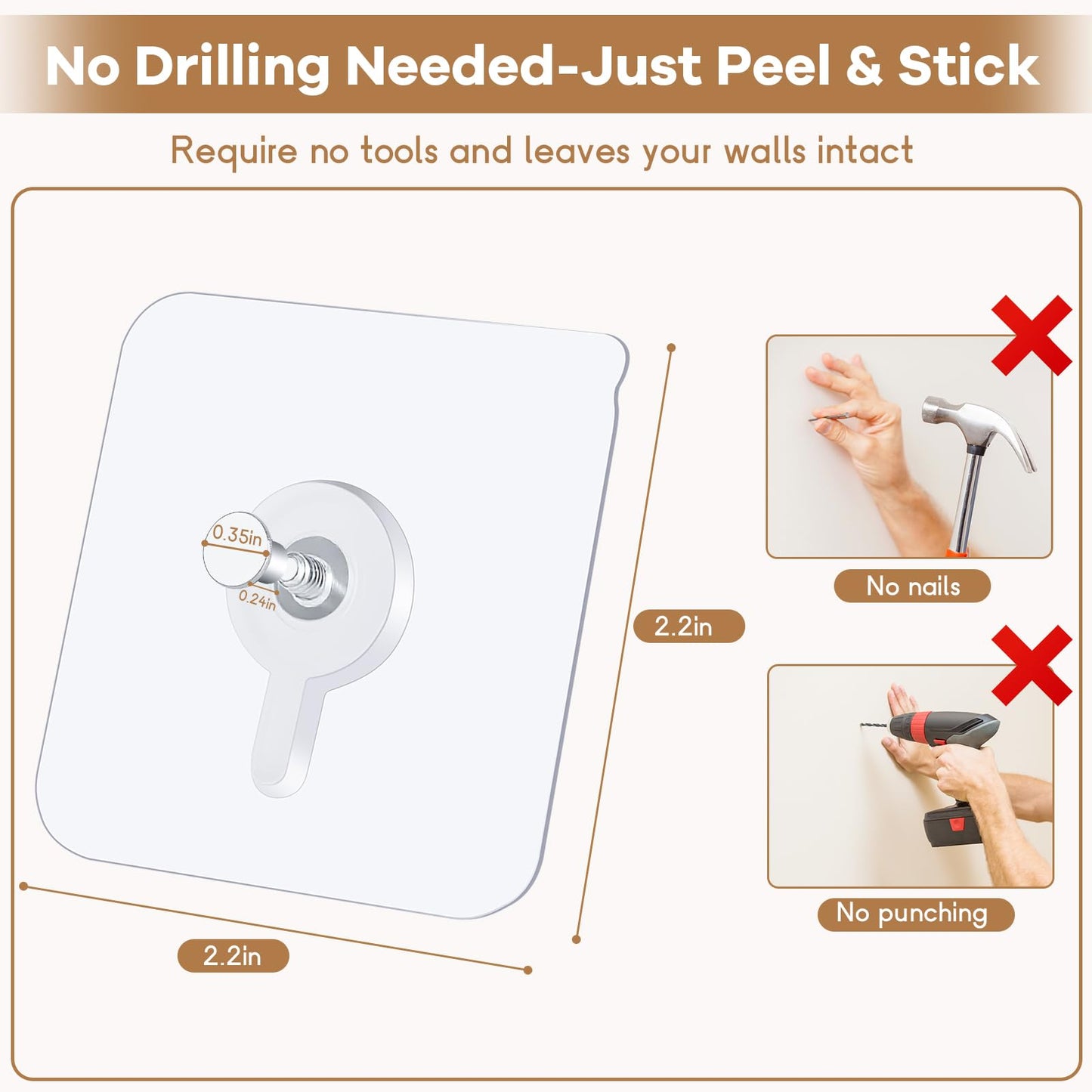 22 Pcs Drill Free Adhesive Wall Hooks, 20 lb Capacity Picture Hanging Hooks, Heavy Duty Picture Hangers Without Nails Strong Hold for Bathroom, Kitchen & Entryway