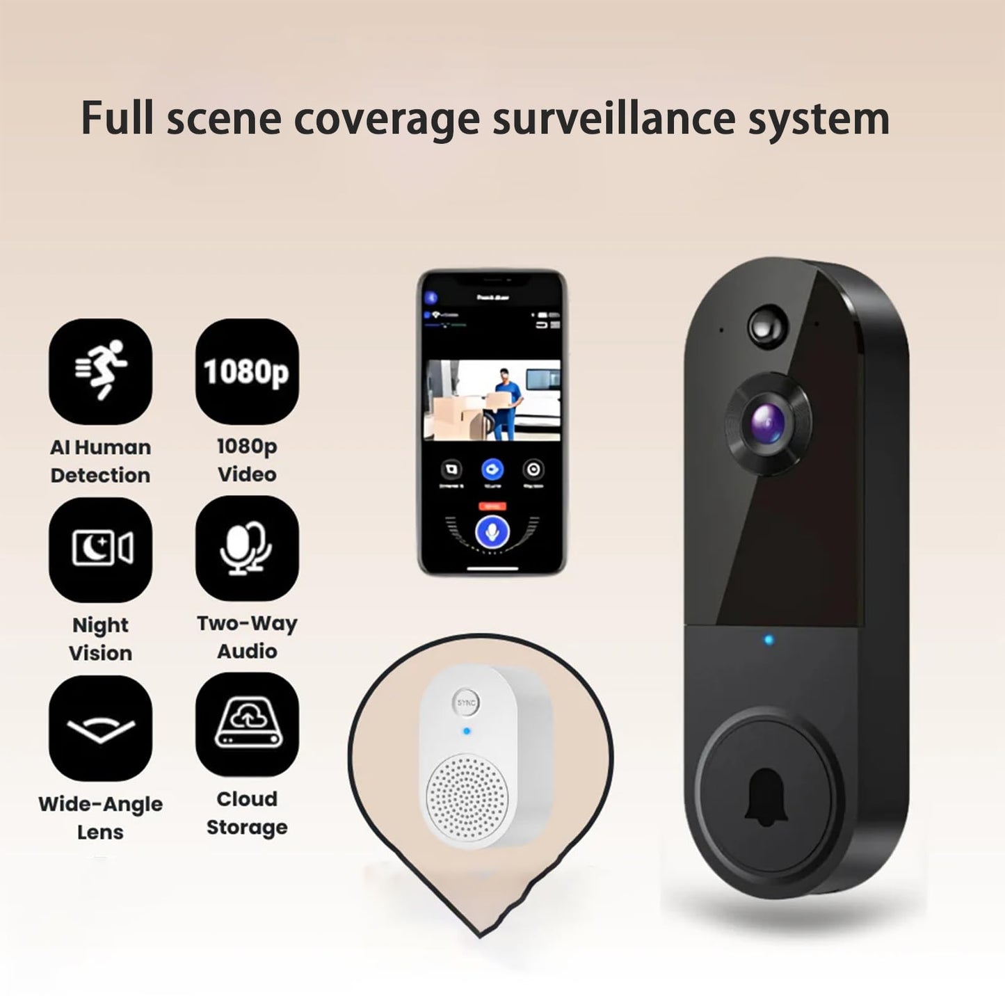 Safe Door Bell with Camera No Subscription, Safe Doorbell-The Smarter Way to Protect Your Home, Ai Human Detection, Live View, 2-Way Audio Included Chime, Monitor Indoors and Outdoors(T1/Black)