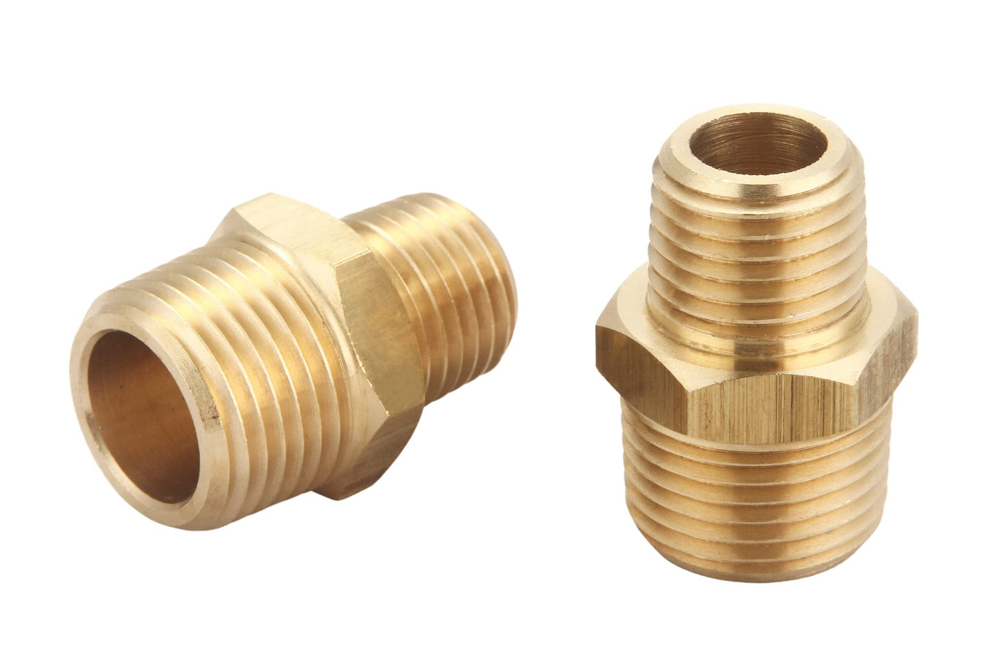 T TANYA HARDWARE 3/8 Inch NPT Male x 1/4 Inch NPT Male, Solid Brass Pipe Adapter Fittings Reducing Hex Nipples Connector, Thread outer diameter from 5/8 inch to 1/2 inch outer diameter, 2 Piece