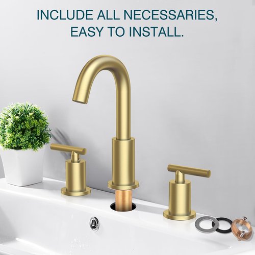 TRUSTMI Brushed Gold Bathroom Faucet 3 Hole Widespread 2-Handle 8 Inch Brass Bathroom Sink Faucet with Overflow Pop Up Drain and cUPC Waterlines