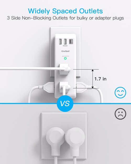 Surge Protector Outlet Extender with Rotating Plug - One Beat 6 AC Multi Plug Outlet with 3 USB Ports (1 USB C), 1800J Wall Charger, 3-Sided Power Strip Spaced Outlet Splitter for Home Office Travel