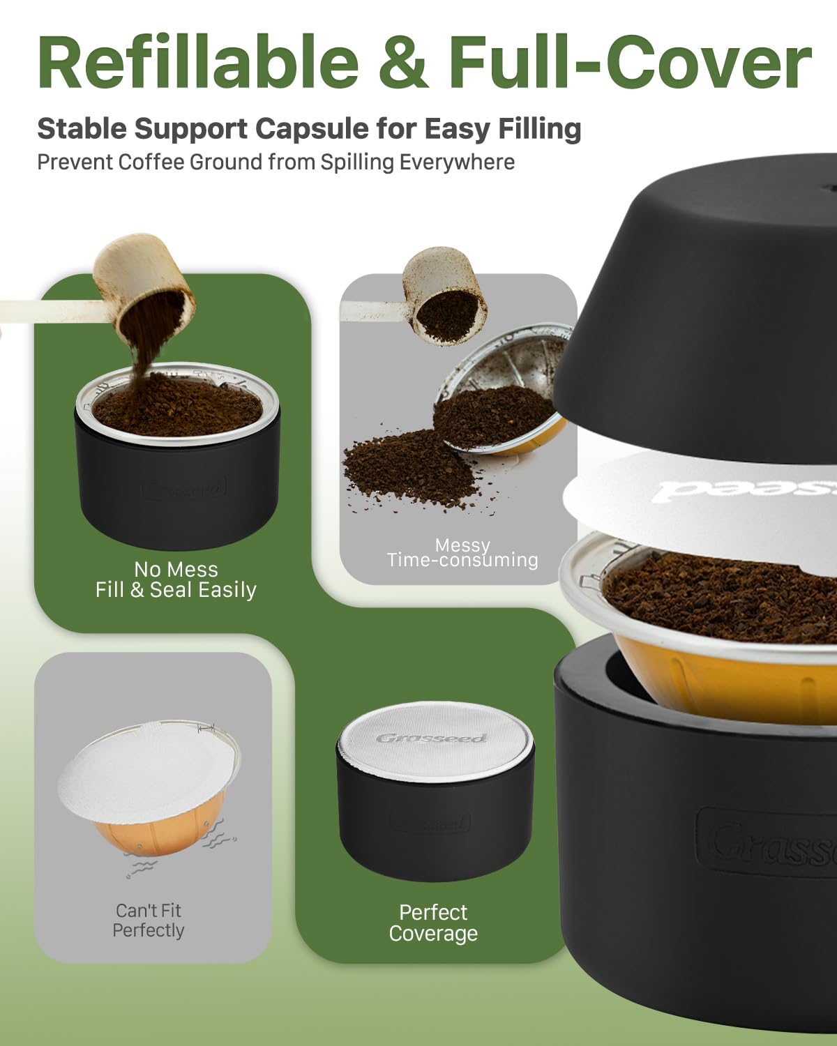Grasseed Reusable VertuoLine Capsule Kit for Nespresso Pods with 100Pcs Aluminum Foil Seals Lids, Refillable Coffee Pods for VertuoLine to Refill Pods