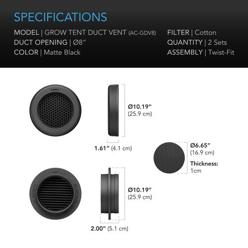 AC Infinity Grow Tent Duct Vent, 2 Pack – Light-Blocking Twist-On Air Vents with Built-in Adapter, Insect & Dust Filter, High Airflow, Fits Standard 8-Inch Duct Ports