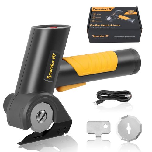 tycardor HT® 4V Cordless Electric Scissors, High Speed Cardboard Cutter with 2 Blades and Storage Bag, Rechargeable Box Cutter, Heavy Duty Rotary Cutter for Fabric Carpet Leather Plastic Cloth Cutting