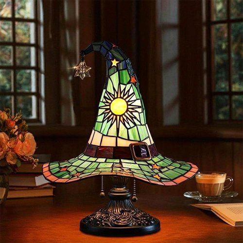 Witch Hat Lamps - Handcrafted Stained Gothic Wizard Hat Lights for Decor, Mystical Bedroom Ambiance & Wiccan Gifts，Light with Glow-in-The-Dark Figurine for Bedroom (Green)