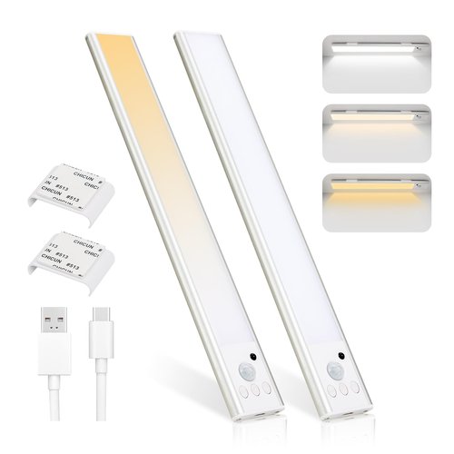 Under Cabinet Lighting 11.8in,Wireless LED Motion Sensor Light Indoor,50 LED Rechargeable Battery Operated,3 Color Temps,50-150LM Dimmable USB Closet Lights,2200mAh,Non-magnetic attraction （2 Pack）