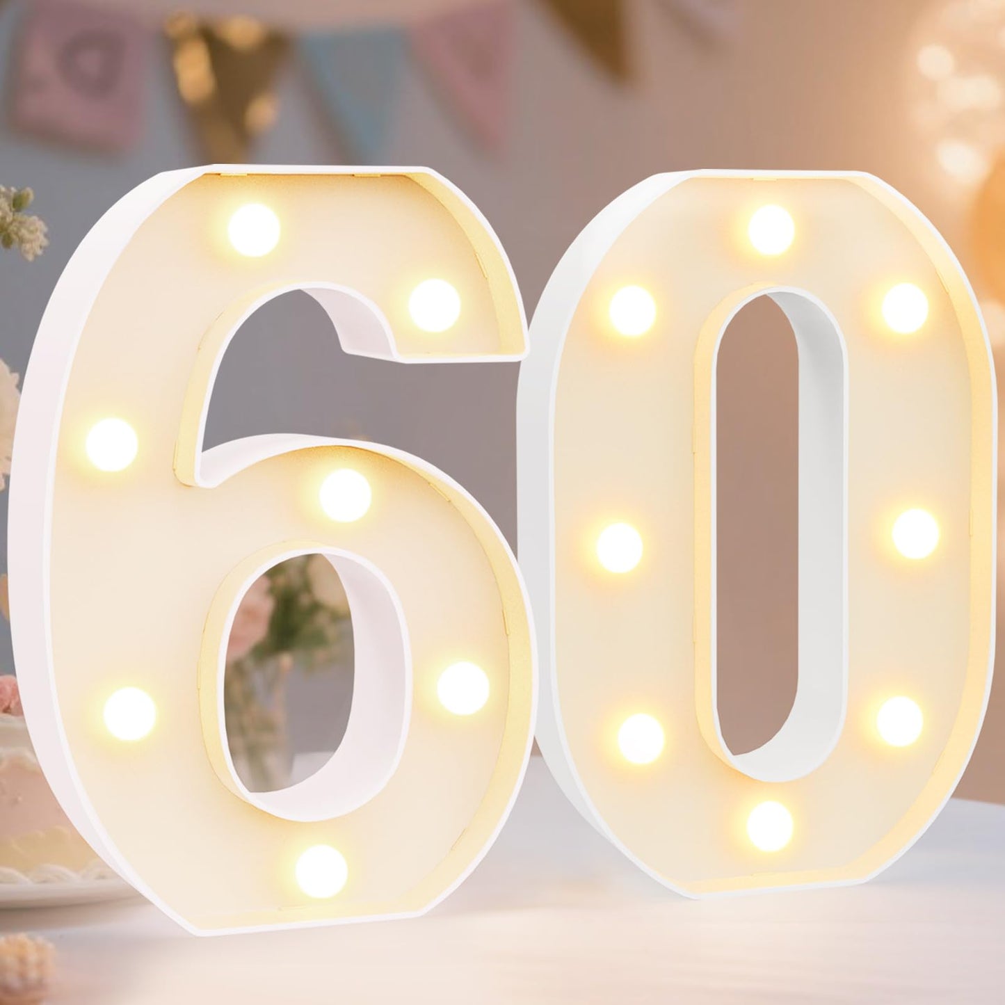 Pooqla Decorative Led Light Up Number Letters, White Plastic Marquee Number Lights Sign for 60th Birthday Party Wedding Decor Battery Operated Number (60)