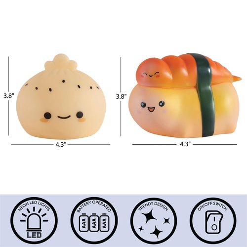 Urban Lifestyle Figural Food Squish LED Mood Lamp, 2 Pack with Dumpling and Sushi, 3.8 inches Tall