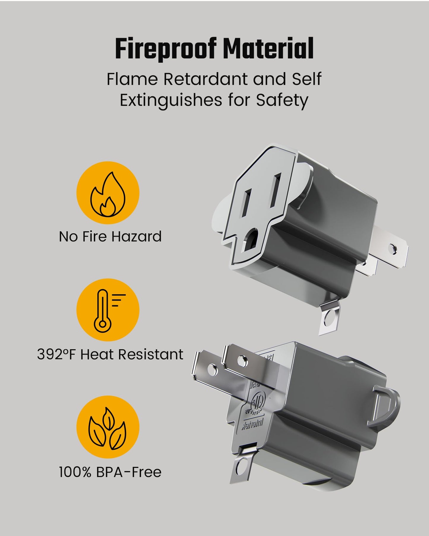 2 Prong to 3 Prong Outlet Adapter, ETL Listed 3-2 Prong Adapter, Fire-Retardant (392℉) PBT Material, Heavy Duty Wall Plug Adapter for Old Homes, Travel to Japan, and Industrial Use, Gray 4-Pack