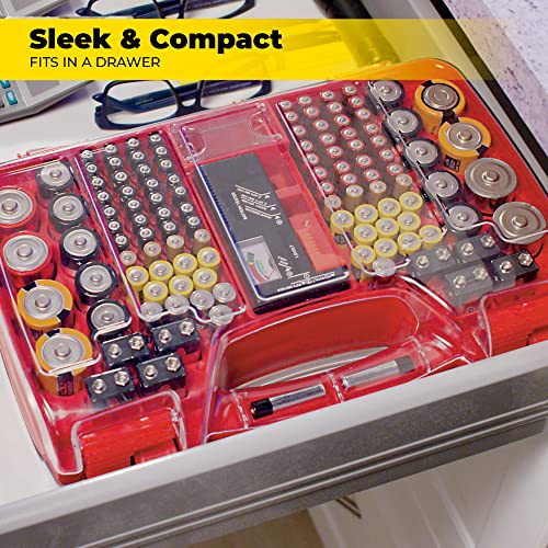 Battery Daddy Red Battery Organizer Case with Tester Holds 180 Batteries