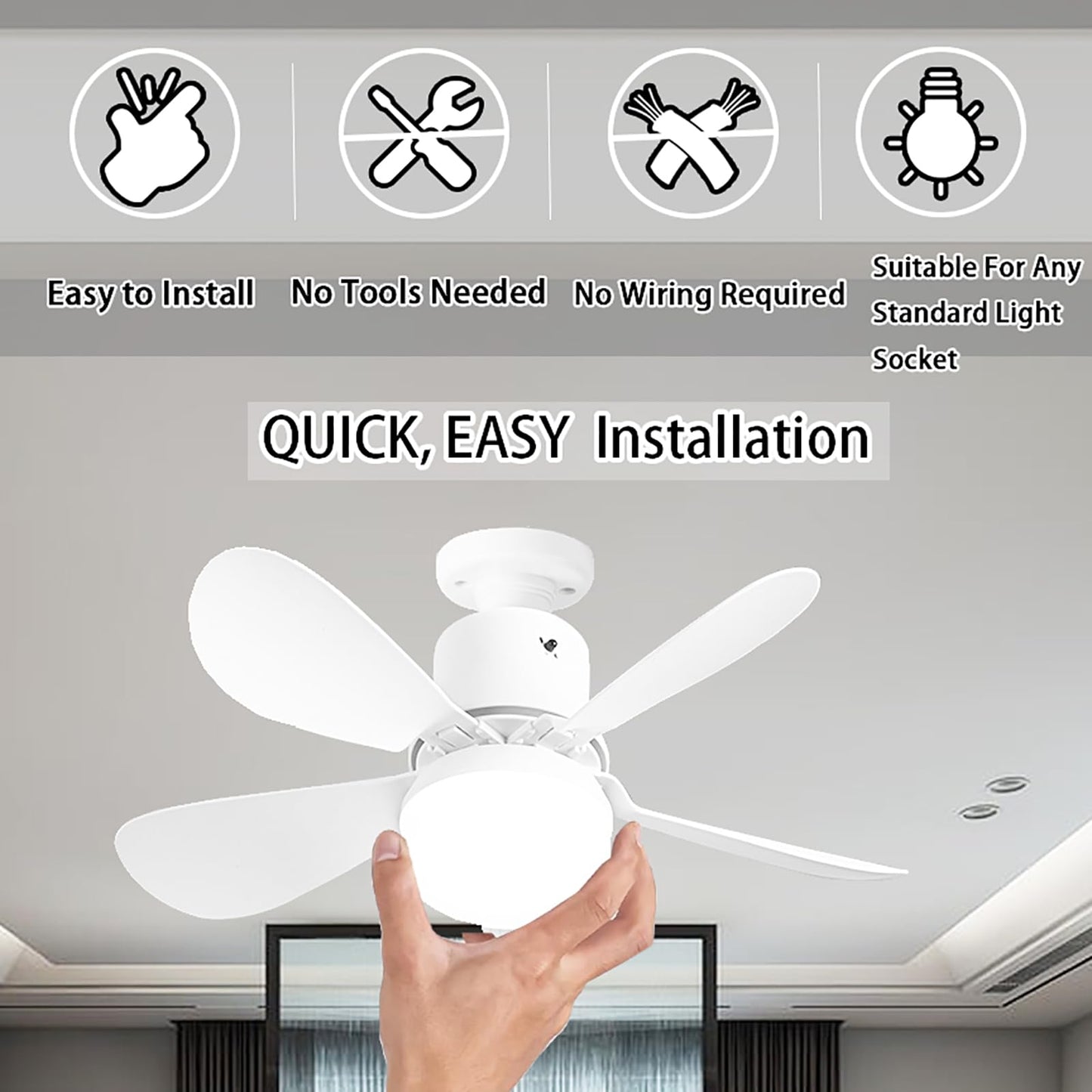 WMBFMWT Socket Fan Light with Remote - Dimmable LED Screw in Ceiling Fan 3 Colors 3000K-6500K, 1000 Lumens Light Bulb Socket Fan Light for Garage Tool Room Bedroom Kitchen Living Room (White)