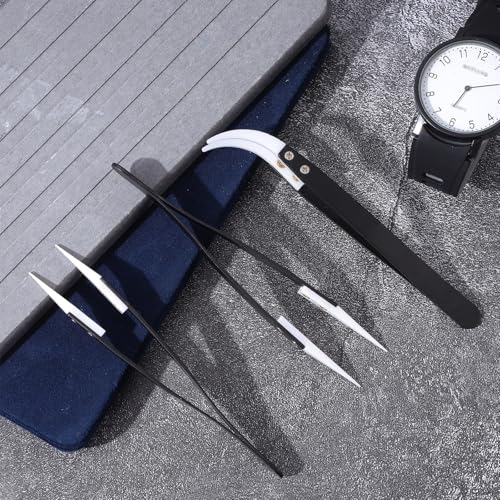 3 PCS Precision Reverse Ceramic Tweezers Set, Non Conductive Heat Resistant Anti Magnetic Electronics Soldering Tweezers, Pointed Curved Tips for Pinching Coils, Jewelry, Watch Repair, Black