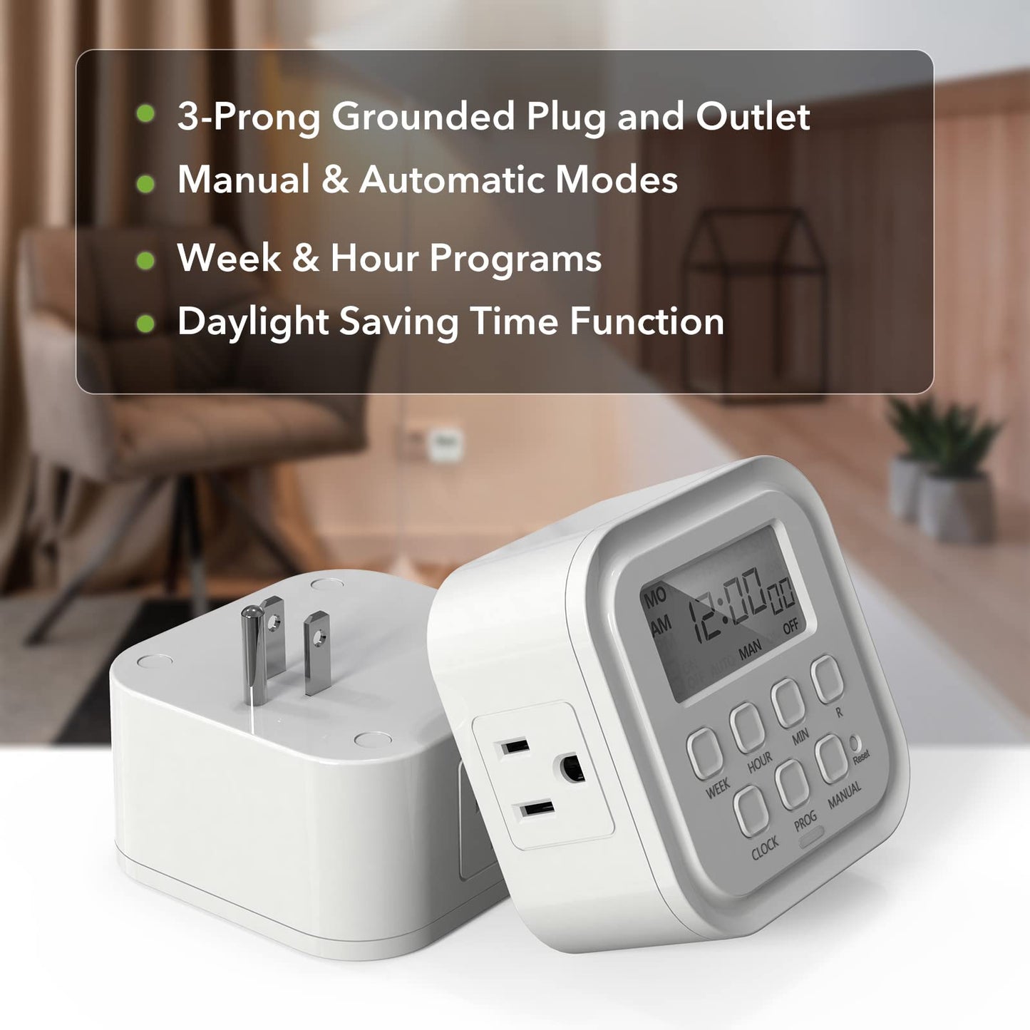 HBN 7 Day Heavy Duty Digital Timer, Dual Outlet, On/Off Programs 3-Prong Programmable Timer, Indoor, for Lamp, Light, Fan, Pets, Home, Kitchen, Office, Appliances, 125V, 15A, 1875W, 60Hz