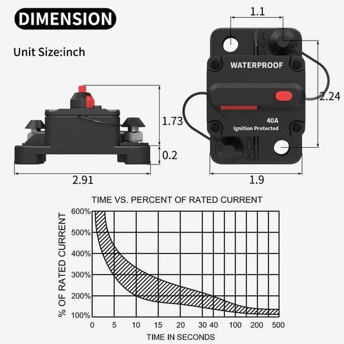 DaierTek 40 Amp Marine Circuit Breaker 12V DC Waterproof Manual Reset 40A Inline Breaker Switch for Car Truck Rv Boat -2Pack