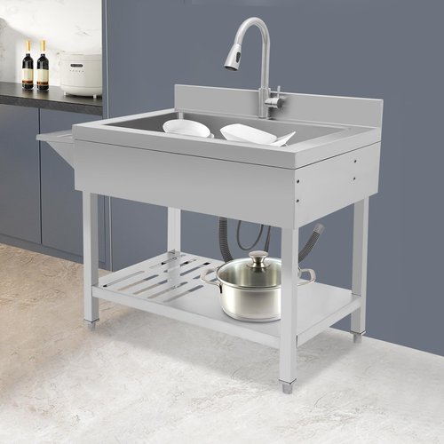 Stainless Steel Utility Sink 35.4" x 22.4", Free Standing Single Bowl Kitchen Sink with Pull-Out Faucet, Deep Basin Commercial Sinks with Storage Shelf for Laundry Room, Workshop, Basement (Silver)