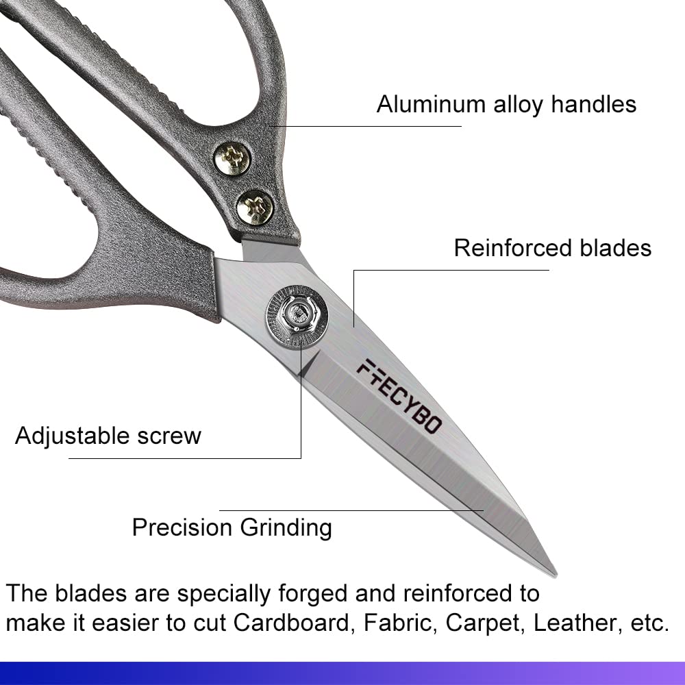FTECYBO Heavy Duty Scissors 8.5'', All Purpose, Leather Scissors, Reinforced Stainless Steel Blades with Metal Handles for Home, Office, Easy Cutting Cardboard, Fabric, Carpet, Leather, etc