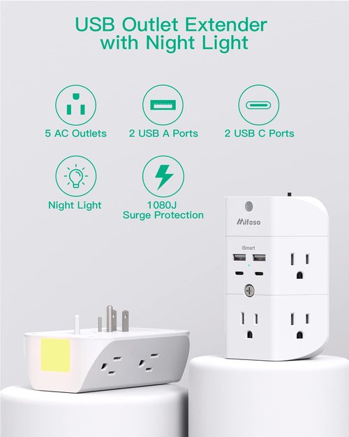 Surge Protector Outlet Extender - with Night Light, 5-Outlet Splitter and 4 USB Ports (2 USB C Charger), Multi Plug Outlet for Home, Dorm Room Essentials