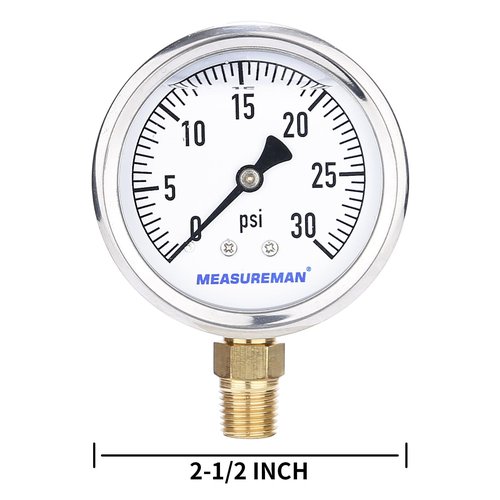 MEASUREMAN 2-1/2inch Dial Size, Glycerin Filled Plumbing Pressure Gauge, 0-30psi, Stainless Steel Case, 1/4inch NPT Lower Mount