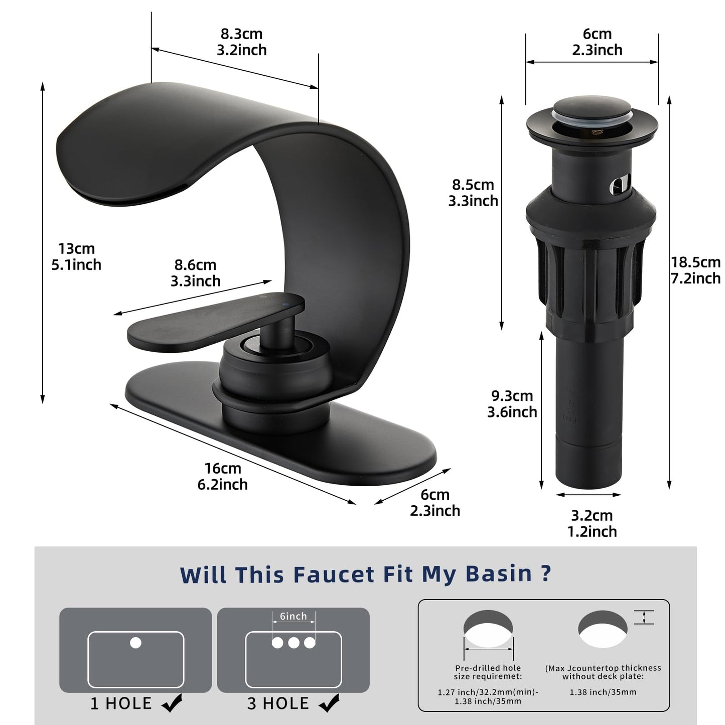 Ameletai Black Waterfall Single Hole Bathroom Sink Faucet, 304 Stainless Steel Single Handle Modern Bathroom Faucet, Snake Shape Design Basin Tap, Single Handle Basin Tap with Pop Up Drian Supply Line