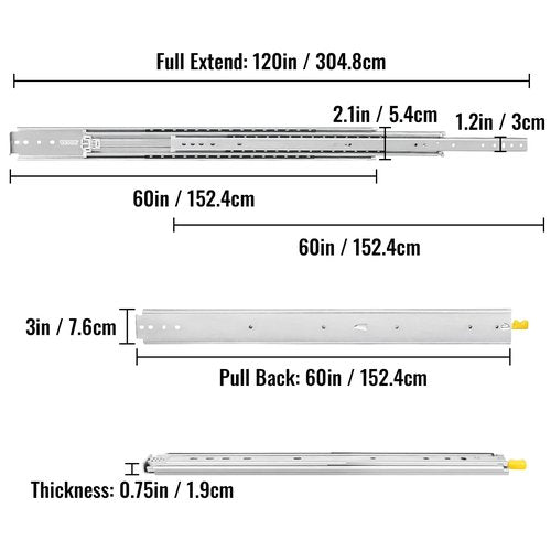 VEVOR Drawer Slides, 1 Pair 60inch Locking Drawer Slides, 500lbs Load Capacity, Side Mount Ball Bearing Drawer Glides, Long Full Extension Drawer Slide