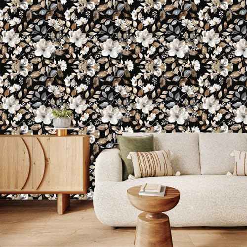 Vintage Dark Black Floral Peel and Stick Wallpaper Modern Botanical Flower Waterproof Removable Self Adhesive Vinyl Contact Wall Paper for Farmhouse Bathroom 17.7" X 354" Roll