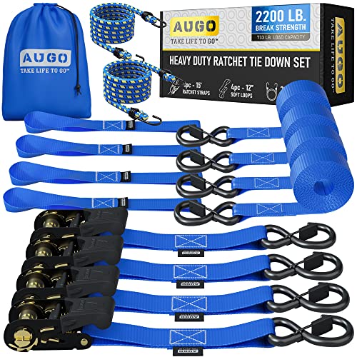 AUGO Heavy Duty Ratchet Straps 15ft 2200lb Break Strength Blue 4 Pack