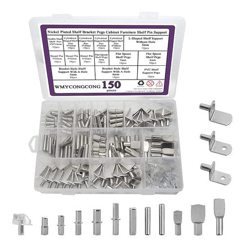 WMYCONGCONG 150 PCS Shelf Bracket Pegs Kit, 7 Styles Shelf Pins Shelf Support Pegs Cabinet Shelf Holders Pegs for Shelves Book Shelf Closet Metal Nickel Plated