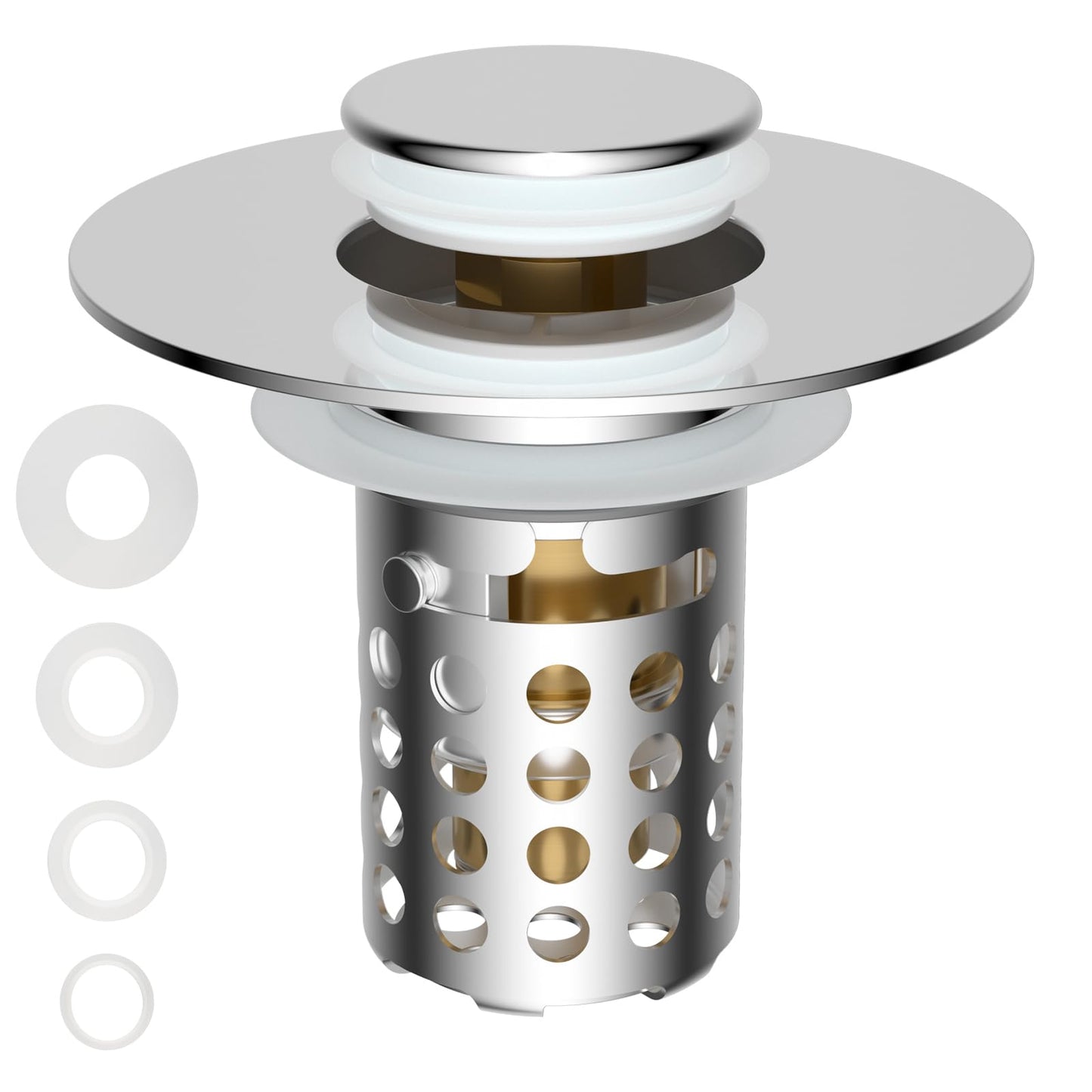 Hygie Rinse Upgraded Bathroom Sink Drain Strainer Hair Catcher with Removable Stainless Steel Filter Basket, 3 in 1 Universal Pop Up Sink Stopper for 1.1''~2.36'' Sink Basin Hole, Chrome