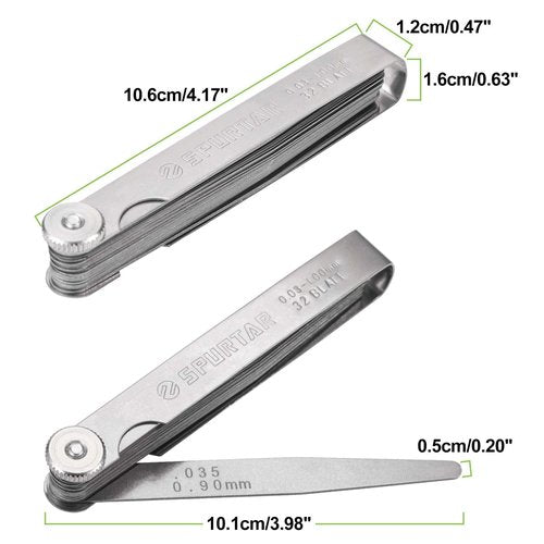 Spurtar Feeler Gauges 0.001-0.04" (0.03-1.00mm) 32 Blades Tapered Feeler Gauge Set Stainless Steel Dual Marked SAE and Metric for Measuring Gap Thickness or Width for Spark Plug, Valve, Piston, Guitar
