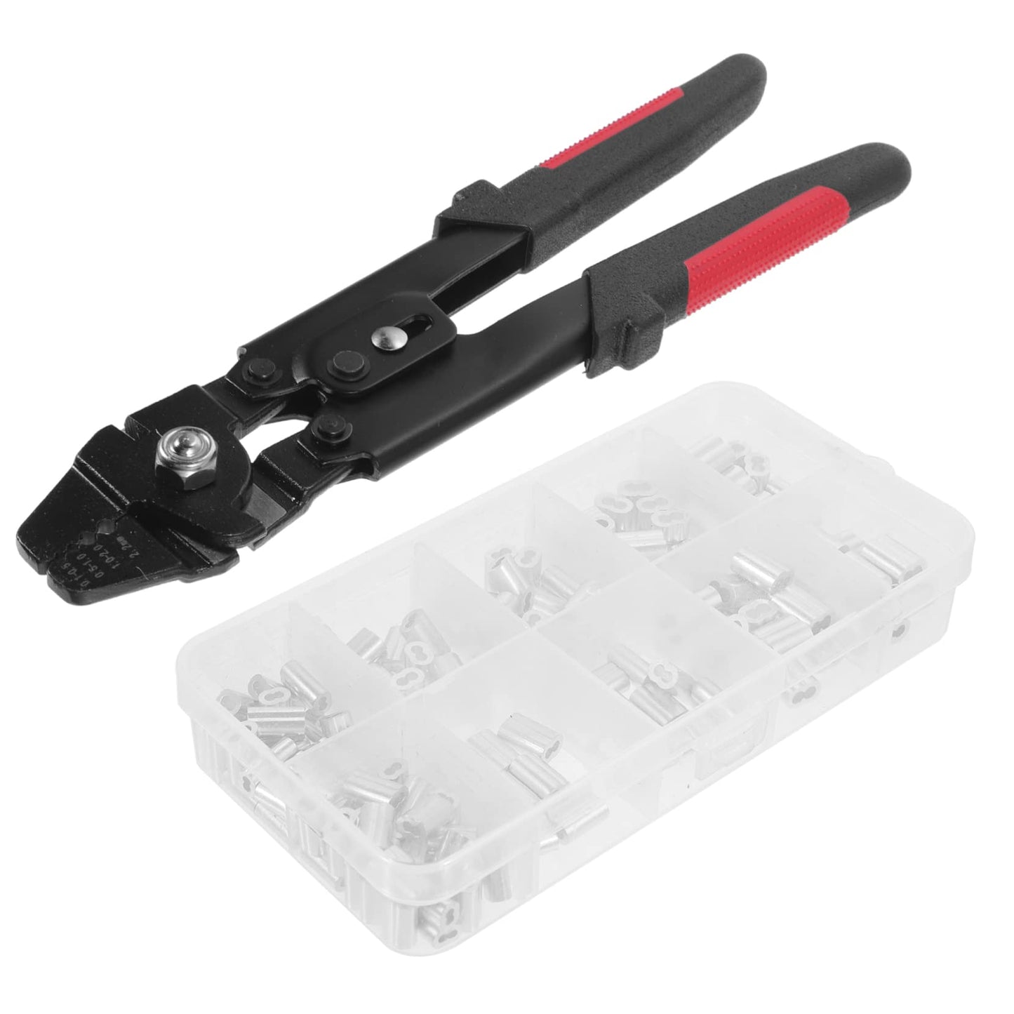 BELLIFFY 1 Set Ferrule Crimping Tool Kit with Wire Rope Cutter Non Slip Handle Self Locking Mechanism Ferrules for Fishing Outdoor and Projects