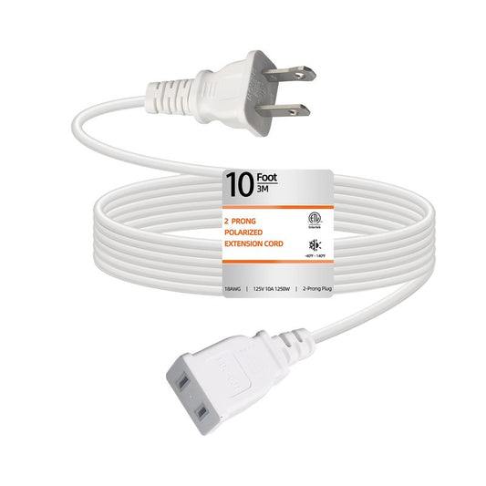 10 Feet Extension Cord White Flat Thin Flexible 2 Prong Long Polarity Power Cord 1250W 10A for Indoor Use with Single Outlet for Holiday Lights, Lamps, Cameras, Appliance ETL Listed (1 Pack)