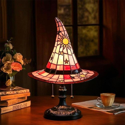 Witch Hat Lamps - Handcrafted Stained Gothic Wizard Hat Lights for Decor, Mystical Bedroom Ambiance & Wiccan Gifts，Light with Glow-in-The-Dark Figurine for Bedroom (Green)