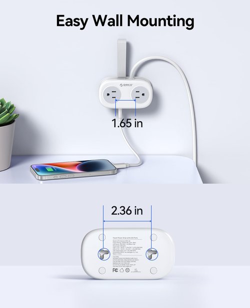 ORICO 20W USB-C PD Travel Power Strip, 4 AC Outlets 3 USB Ports (Fast Charging), 4FT Flat Plug Extension Cord, Cruise Approved, Compact for Business Travel/Dorm -White