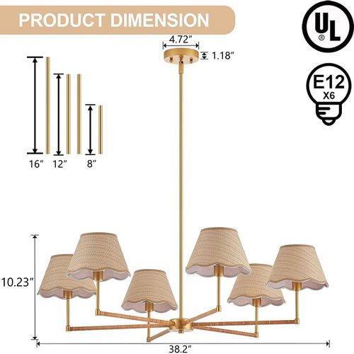 MIXL - 6-Light Rattan Chandelier,Adjustable Height Ceiling Pendant Light Over Table,Boho Style Gold Chandelier for Dining Room Living Room and Entryway