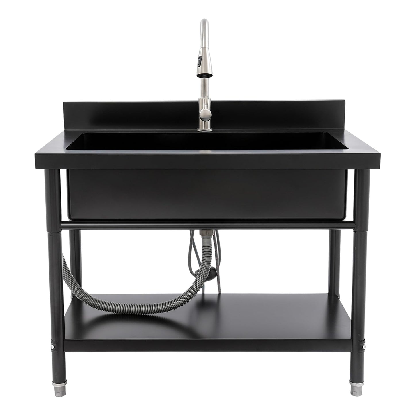 Stainless Steel Utility Sink, Freestanding Commercial Kitchen Sink with Pull-Out Faucet, Large Capacity Laundry Sink, Single Bowl Garage Sinks for Garage Basement Outdoor Indoor Use (Black)