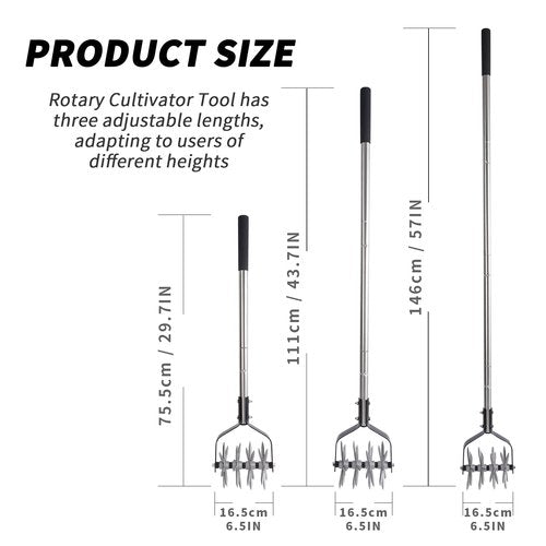 BARAYSTUS Rotary Garden Tool, Adjustable Hand Tiller, Long Handle Cultivator for Aerating, Weeding, Planting and Mixing Soil or Reseeding Grass